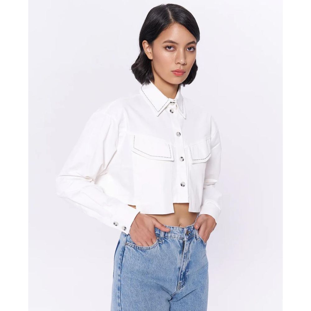 QUZU WOMEN BACK BUTTONED EMBROIDERED CROP SHIRT ECRU